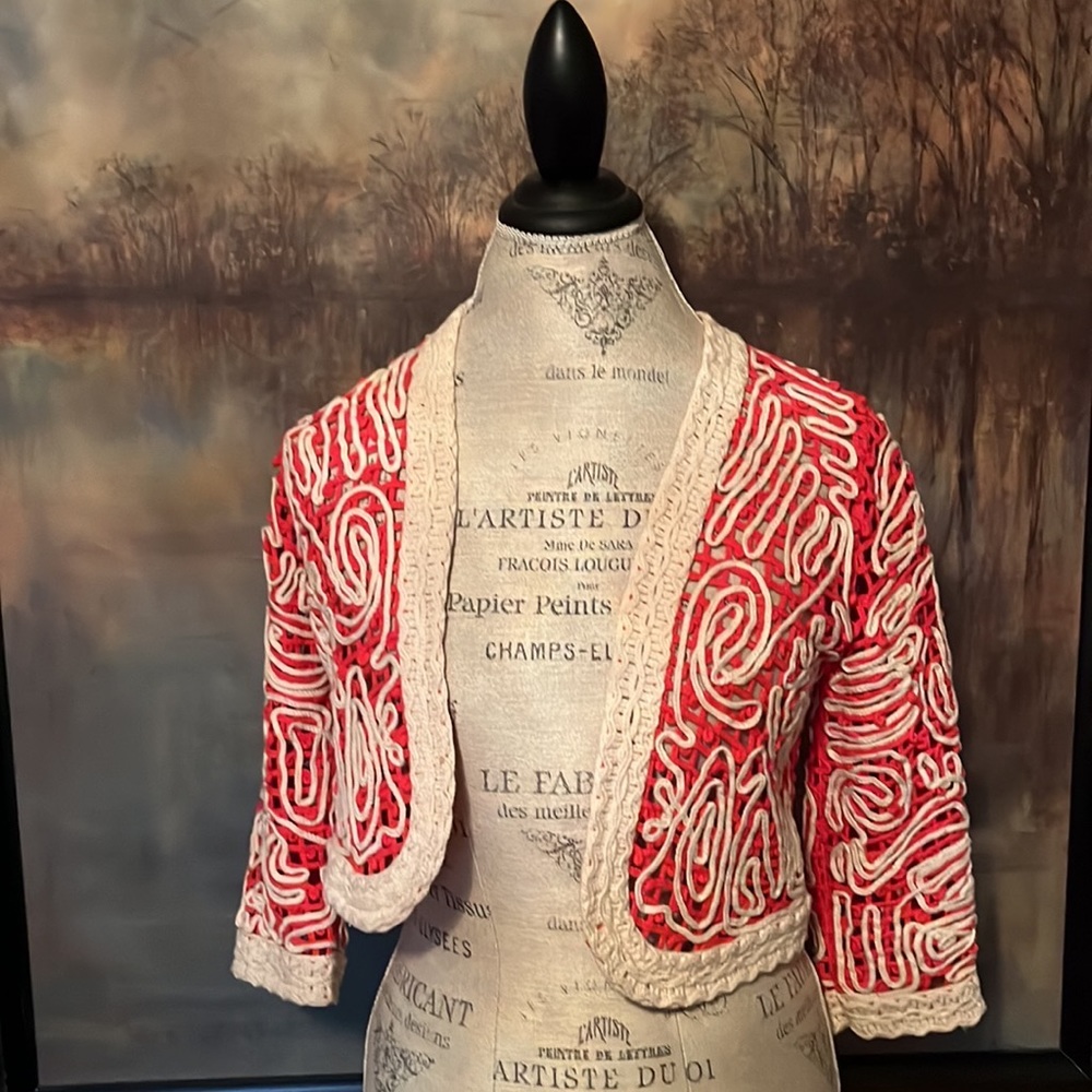 Chico's bolero Size 0 orange/cream soutache crochet